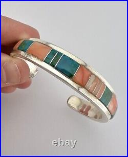 Vtg Navajo Sterling Silver Chrysocolla & Angel Skin Coral Flush Cuff Bracelet