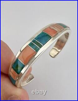 Vtg Navajo Sterling Silver Chrysocolla & Angel Skin Coral Flush Cuff Bracelet