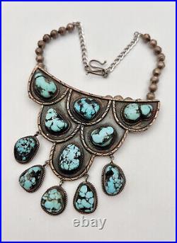 Vtg Navajo Sterling Silver Indian Mountain Turquoise Collar Bib Dangle Necklace