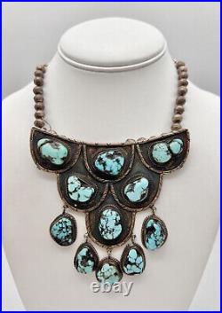 Vtg Navajo Sterling Silver Indian Mountain Turquoise Collar Bib Dangle Necklace