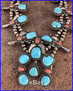 Vtg Navajo Sterling Silver Kingman Turquoise & Red Coral Squash Blossom Necklace