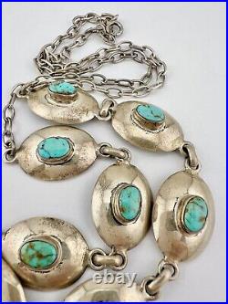 Vtg Navajo Sterling Silver Royston Turquoise Concho Link Necklace 26 Adjustable