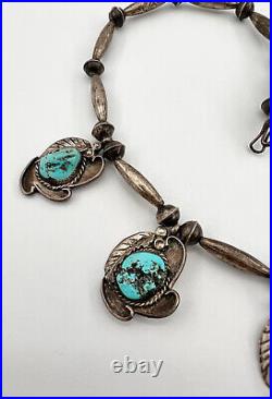 Vtg Navajo Sterling Silver & Sleeping Beauty Turquoise Collar Dangle Necklace