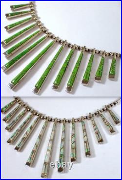 Vtg Reversible Navajo Sterling Gaspeite & Opal Stick Bar Fringe Pendant Necklace