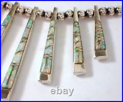 Vtg Reversible Navajo Sterling Gaspeite & Opal Stick Bar Fringe Pendant Necklace