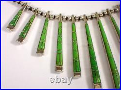Vtg Reversible Navajo Sterling Gaspeite & Opal Stick Bar Fringe Pendant Necklace