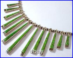 Vtg Reversible Navajo Sterling Gaspeite & Opal Stick Bar Fringe Pendant Necklace