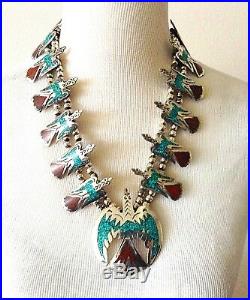 Vtg Signed 925 Turquoise Coral Squash Blossom Necklace Thunderbird Motif 167gr