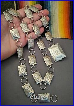 Vtg. Solid Sterling Silver Native American Navajo Stamped Concho Belt Necklace