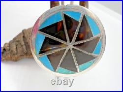 Vtg TURQUOISE INLAY ZUNI PINWHEEL 3-CONCHO CUFF BRACELET sterling geometric 6.5