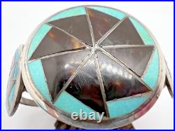 Vtg TURQUOISE INLAY ZUNI PINWHEEL 3-CONCHO CUFF BRACELET sterling geometric 6.5