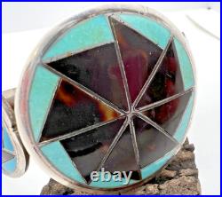 Vtg TURQUOISE INLAY ZUNI PINWHEEL 3-CONCHO CUFF BRACELET sterling geometric 6.5