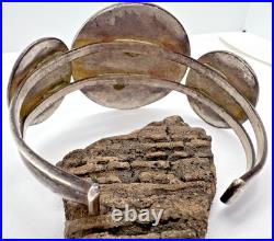 Vtg TURQUOISE INLAY ZUNI PINWHEEL 3-CONCHO CUFF BRACELET sterling geometric 6.5