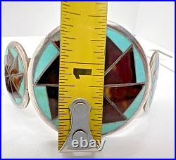 Vtg TURQUOISE INLAY ZUNI PINWHEEL 3-CONCHO CUFF BRACELET sterling geometric 6.5