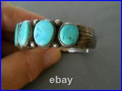 WILBUR MUSKET Native American Navajo Turquoise Row Sterling Silver Cuff Bracelet