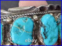 WOW VINTAGE & SIGNED Native American NAVAJO STERLING SILVER & TURQUOISE ROW Cuff