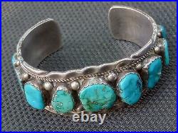 WOW VINTAGE & SIGNED Native American NAVAJO STERLING SILVER & TURQUOISE ROW Cuff