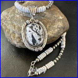 White Buffalo Turquoise Pendant Navajo Pearls Sterling Silver Necklace 20 19499