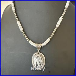 White Buffalo Turquoise Pendant Navajo Pearls Sterling Silver Necklace 20 19499