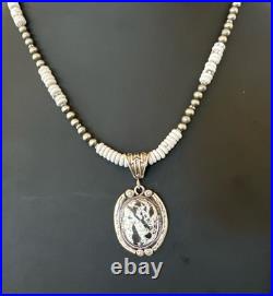 White Buffalo Turquoise Pendant Navajo Pearls Sterling Silver Necklace 20 19499