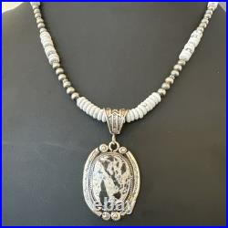 White Buffalo Turquoise Pendant Navajo Pearls Sterling Silver Necklace 20 19499