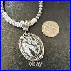 White Buffalo Turquoise Pendant Navajo Pearls Sterling Silver Necklace 20 19499