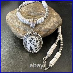 White Buffalo Turquoise Pendant Navajo Pearls Sterling Silver Necklace 20 19499
