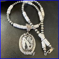 White Buffalo Turquoise Pendant Navajo Pearls Sterling Silver Necklace 20 19499