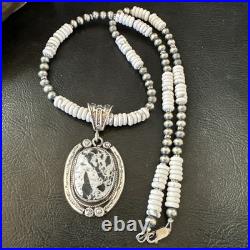 White Buffalo Turquoise Pendant Navajo Pearls Sterling Silver Necklace 20 19499