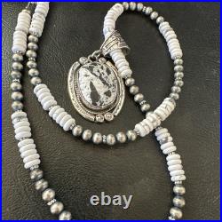 White Buffalo Turquoise Pendant Navajo Pearls Sterling Silver Necklace 20 19499