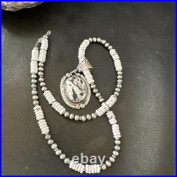 White Buffalo Turquoise Pendant Navajo Pearls Sterling Silver Necklace 20 19499