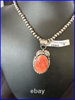 WoMens Orange Spiny Oyster Pendant Navajo Sterling Silver Necklace 15631