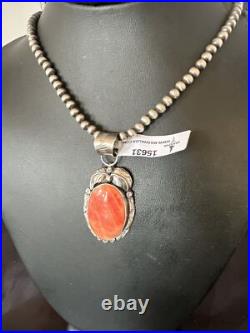WoMens Orange Spiny Oyster Pendant Navajo Sterling Silver Necklace 15631