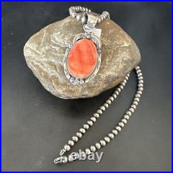 WoMens Orange Spiny Oyster Pendant Navajo Sterling Silver Necklace 15631