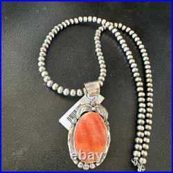 WoMens Orange Spiny Oyster Pendant Navajo Sterling Silver Necklace 15631
