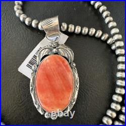 WoMens Orange Spiny Oyster Pendant Navajo Sterling Silver Necklace 15631