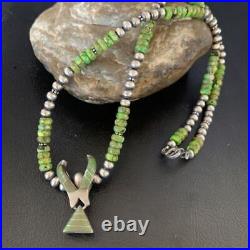 Womens Green Gaspeite Turquoise Pendant Navajo Sterling Silver Necklace 13273