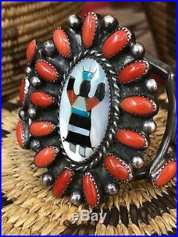 Wow! Inlay Cuff BRACELET signed RHB Navajo / ZUNI Indian Dancer Sterling Silver