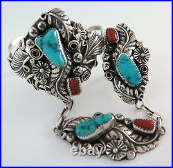 XL Navajo HB Yazzie Sterling Silver Turquoise Coral Slave Bracelet Ring Size 7